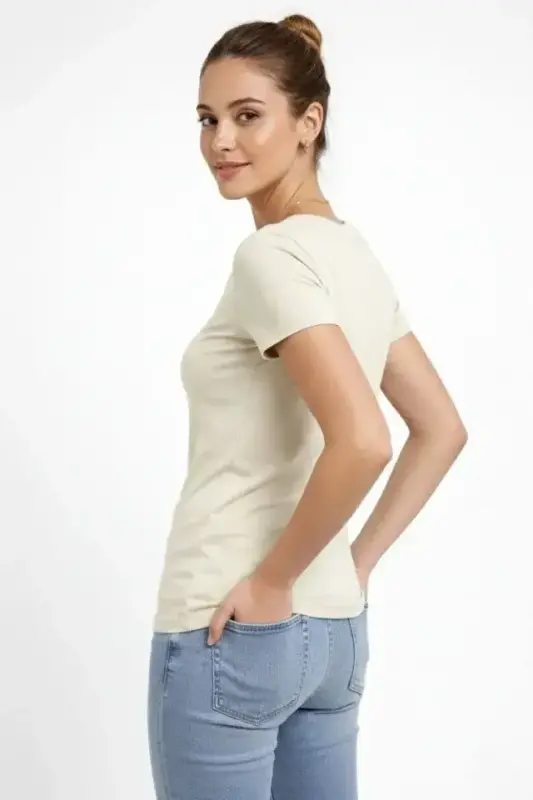 2li V Yaka Tişört – Kısa Kollu Yazlık Slim Fit Body - Saks Mavisi - Ekru - 4