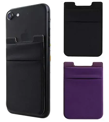 2Pack Adhesive Phone Pocket,Cell Phone Stick On Card Wallet,Credit Cards/ID Card Holder(Double Secure) with Sticker for Back of iPhone,Android and All Smartphones-Black&Purple - 1