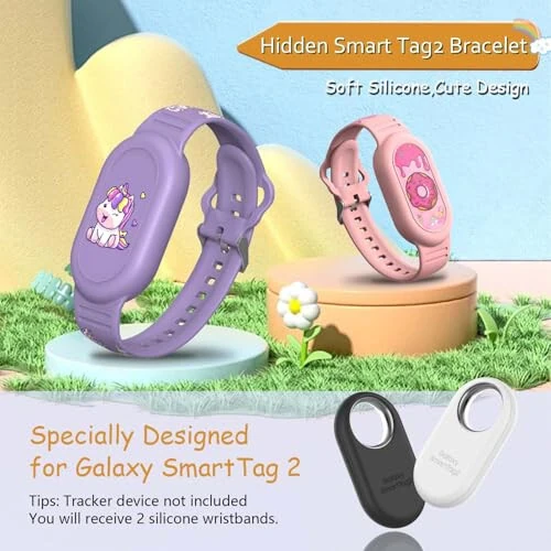 [2Pack] Cute Bracelet for Galaxy SmartTag 2 (2023), Silicone Cartoon Smart Tag 2 Wristband Holder Compatible with Samsung SmartTag 2 Waterproof Smart Tag 2 Case for Kids Elderly (Unicorn & Donuts) - [2Pack] (1)