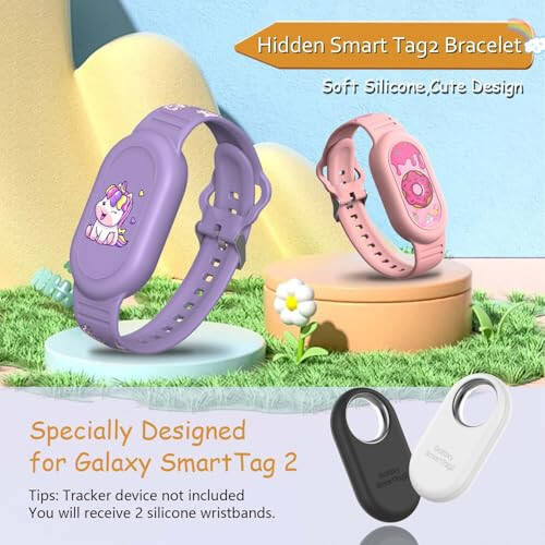 [2Pack] Cute Bracelet for Galaxy SmartTag 2 (2023), Silicone Cartoon Smart Tag 2 Wristband Holder Compatible with Samsung SmartTag 2 Waterproof Smart Tag 2 Case for Kids Elderly (Unicorn & Donuts) - 2