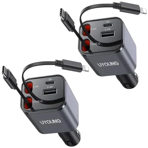2Pack iPhone Car Charger Retractable Fast Phone Chargers, 4 in 1 Car Charger Cigarette Lighter Adapter with 2 Cables 30 Inch and 2 USB Ports, for iPhone 17/16/15/14/13/Pro, Gifts for Women Men - UYOUNG