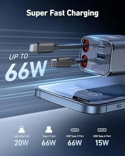 2Pack iPhone Car Charger Retractable Fast Phone Chargers, 4 in 1 Car Charger Cigarette Lighter Adapter with 2 Cables 30 Inch and 2 USB Ports, for iPhone 17/16/15/14/13/Pro, Gifts for Women Men - 4