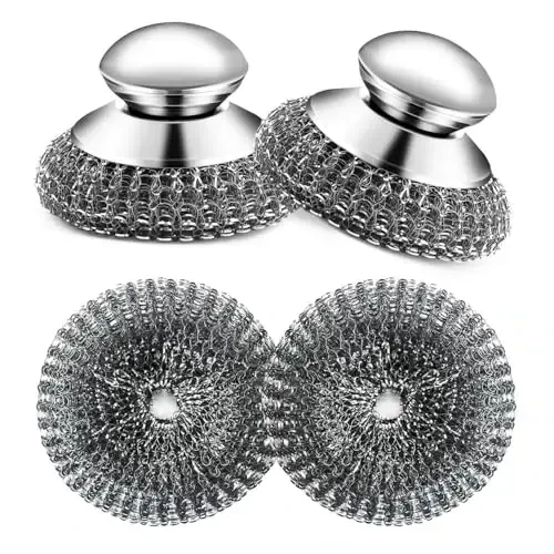 2Pack Stainless Steel Wool Scrubber with Handle, Scrubbing Scouring Brush Pads for Cleaning, Dish Scrubbers Tools for Can Clean Stoves, Wash Sink - HAWOWZ