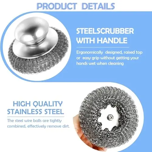 2Pack Stainless Steel Wool Scrubber with Handle, Scrubbing Scouring Brush Pads for Cleaning, Dish Scrubbers Tools for Can Clean Stoves, Wash Sink - HAWOWZ (1)