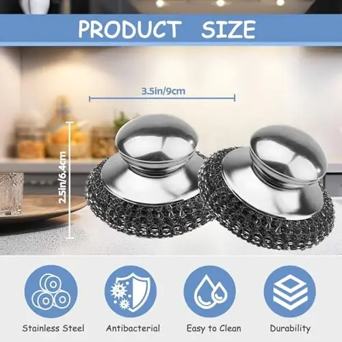 2Pack Stainless Steel Wool Scrubber with Handle, Scrubbing Scouring Brush Pads for Cleaning, Dish Scrubbers Tools for Can Clean Stoves, Wash Sink - 3