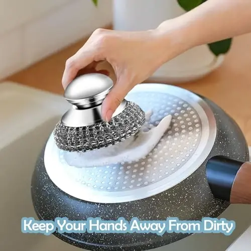 2Pack Stainless Steel Wool Scrubber with Handle, Scrubbing Scouring Brush Pads for Cleaning, Dish Scrubbers Tools for Can Clean Stoves, Wash Sink - 4