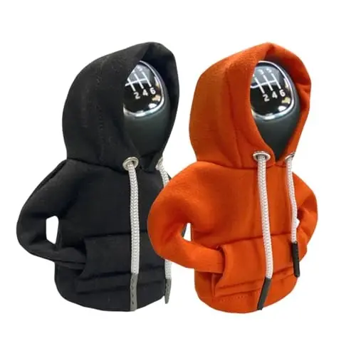 2PCS Car Gear Shift Cover, Winter Warm Fashionable Hoodie Car Shift Knob, Auto Decor Interior Accessories Shift Knob for Car, SUV, Truck (Black&Orange) - 2