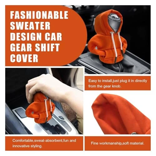 2PCS Car Gear Shift Cover, Winter Warm Fashionable Hoodie Car Shift Knob, Auto Decor Interior Accessories Shift Knob for Car, SUV, Truck (Black&Orange) - 3