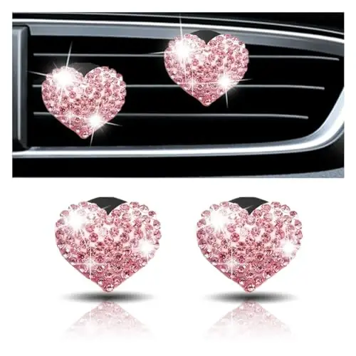 2PCS Crystal Diamond Air Vent Clip, Heart-Shaped Bling Charms Crystal Car Freshening Diffuser, Bling Interior Decorative Accessories for Women (Heart-Shaped Pink) 