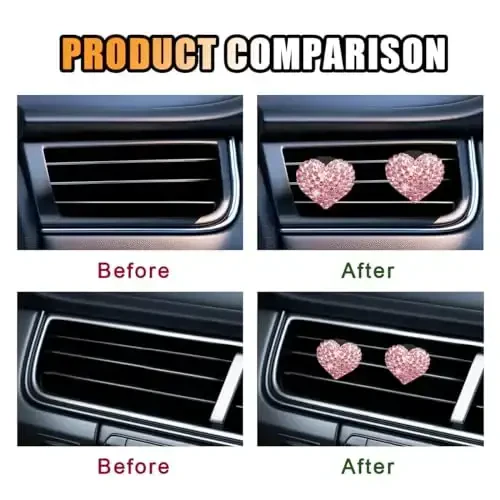2PCS Crystal Diamond Air Vent Clip, Heart-Shaped Bling Charms Crystal Car Freshening Diffuser, Bling Interior Decorative Accessories for Women (Heart-Shaped Pink) - 3