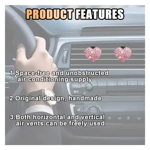 2PCS Crystal Diamond Air Vent Clip, Heart-Shaped Bling Charms Crystal Car Freshening Diffuser, Bling Interior Decorative Accessories for Women (Heart-Shaped Pink) - 5