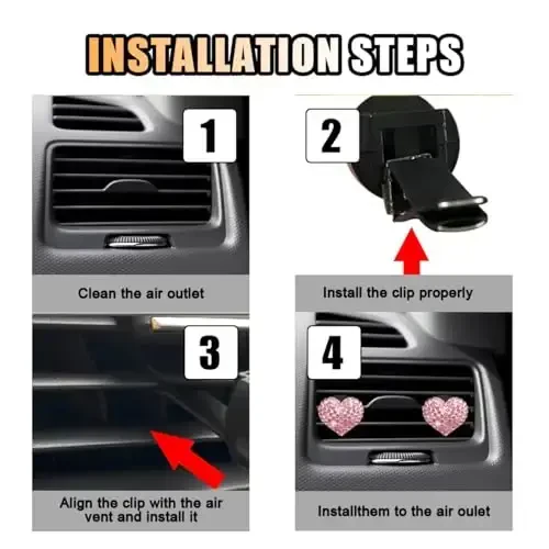 2PCS Crystal Diamond Air Vent Clip, Heart-Shaped Bling Charms Crystal Car Freshening Diffuser, Bling Interior Decorative Accessories for Women (Heart-Shaped Pink) - 6