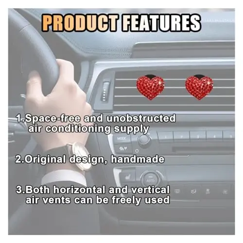 2PCS Crystal Diamond Car Air Vent Clip, Heart-Shaped Bling Charms Crystal Car Air Vent Clip Car Freshening Diffuser, Bling Car Interior Decorative Accessories for Women (Heart-Shaped Red) - 5