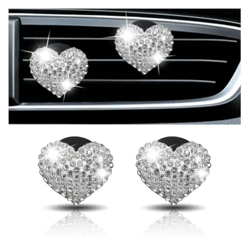 2PCS Crystal Diamond Car Vent Clip, Heart-Shaped Bling Charms Crystal Air Vent Clip, Bling Car Interior Decorative Accessories for Women (Heart-Shaped White) 