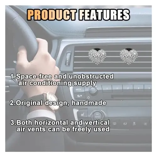 2PCS Crystal Diamond Car Vent Clip, Heart-Shaped Bling Charms Crystal Air Vent Clip, Bling Car Interior Decorative Accessories for Women (Heart-Shaped White) - 5