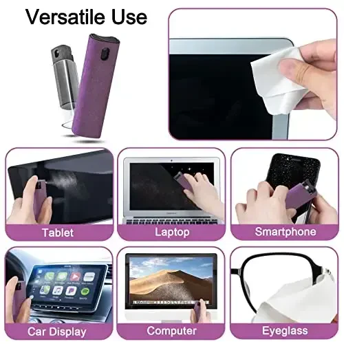 2Pcs Laptop Screen Monitor Cleaner Spray, walrfid Portable Phone Touchscreen and Car Screen Cleaning Kit for Cell Phones, Tablet, PC, Computer, iPhone, iPad, MacBook Pro - Grey and Purple - 4