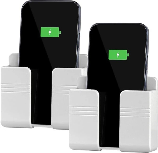 2Pcs Phone Holder Wall Mounted, Phone Stand with Data Cable Receiving Hole/Self Adhesive. Phone Holder for Shower/Charging. Compatible with iPhone and Android (2Pcs-Black) - Generic