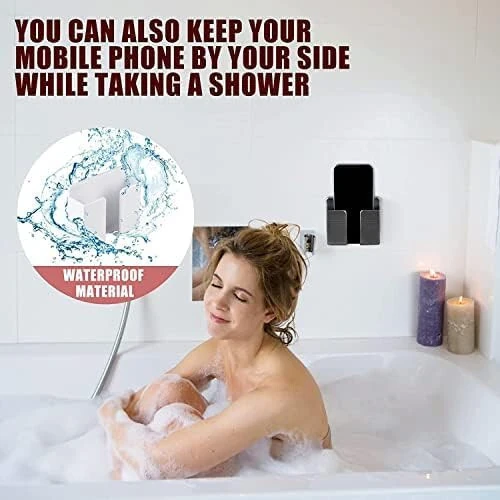2Pcs Phone Holder Wall Mounted, Phone Stand with Data Cable Receiving Hole/Self Adhesive. Phone Holder for Shower/Charging. Compatible with iPhone and Android (2Pcs-Black) - 4