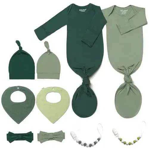 2PK Ultra Soft Knotted Newborn Sleep Gown for Baby Girls Boy- Coming Home Hospital Outfit with Hat, Bow, Clip & Drool Bib Set - 1