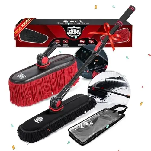 2In1 Brush And Duster For Car Exterior,Chenille Car Wash Brush Mop*1PC,Wax Cotton Car Duster Mop*1PC Remove Dust,Freely Switch A Retractable Black Steel Pole,Car Cleaning Supplies For Truck Rv Boat - 1