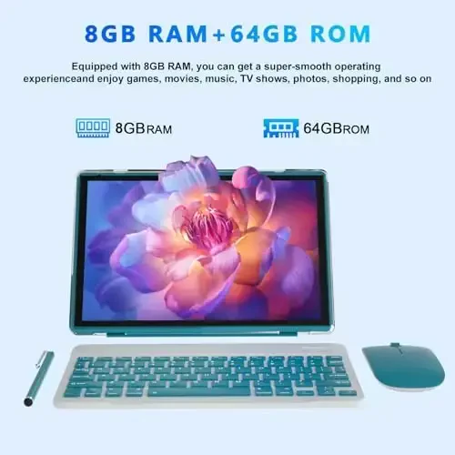 2 in 1 Tablet 10 Inch Android 14 OS Tableta, Tablets with Keyboard, Mouse, Case, Stylus, 64GB ROM+8GB RAM, 2MP+8MP Dual Camera, Quad Core Processor, 6000mAh Battery, 10.1 in FHD Tab Navy. - MODAZONE (1)