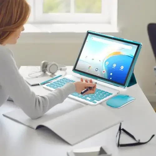 2 in 1 Tablet 10 Inch Android 14 OS Tableta, Tablets with Keyboard, Mouse, Case, Stylus, 64GB ROM+8GB RAM, 2MP+8MP Dual Camera, Quad Core Processor, 6000mAh Battery, 10.1 in FHD Tab Navy. - 4