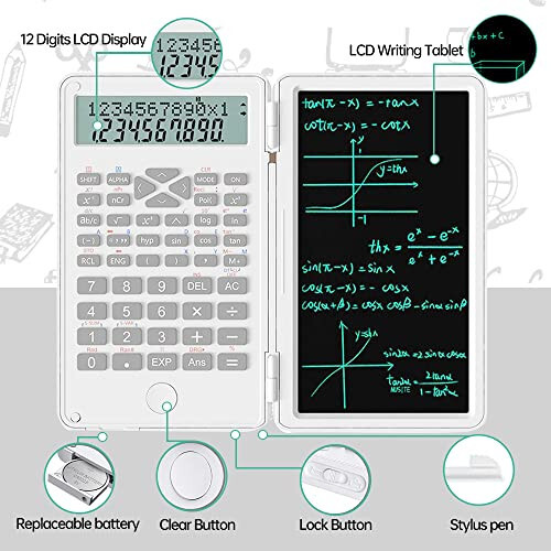 2'si 1 Arada Yazı Tabletiyle Bilimsel Hesap Makinesi, Masaüstü Cep LCD Bilimsel Hesap Makinesi Not Defteri Profesyonel Finansal Hesap Makinesi Ev Okul Ofis İş için(Beyaz) - 2