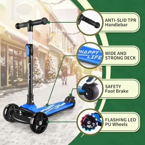 Besrey Kick Scooter for Kids Ages 3-10, 3-Wheel Folding Scooter with Adjustable Height, LED Light Wheels, Extra Wide Deck for Outdoor Activities - 3