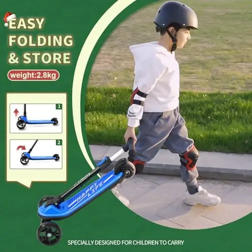 Besrey Kick Scooter for Kids Ages 3-10, 3-Wheel Folding Scooter with Adjustable Height, LED Light Wheels, Extra Wide Deck for Outdoor Activities - 4