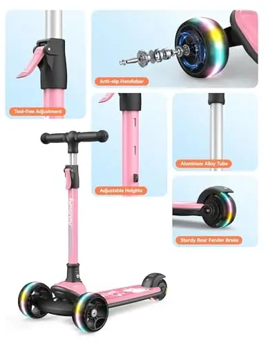 Besrey Kick Scooter for Kids Ages 3-10, 3-Wheel Folding Scooter with Adjustable Height, LED Light Wheels, Extra Wide Deck for Outdoor Activities - 3