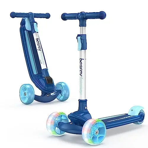 Besrey Kick Scooter for Kids Ages 3-10, 3-Wheel Folding Scooter with Adjustable Height, LED Light Wheels, Extra Wide Deck for Outdoor Activities - 1