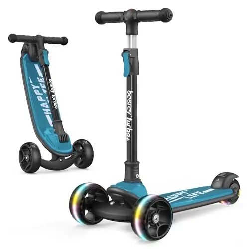 Besrey Kick Scooter for Kids Ages 3-10, 3-Wheel Folding Scooter with Adjustable Height, LED Light Wheels, Extra Wide Deck for Outdoor Activities - 1