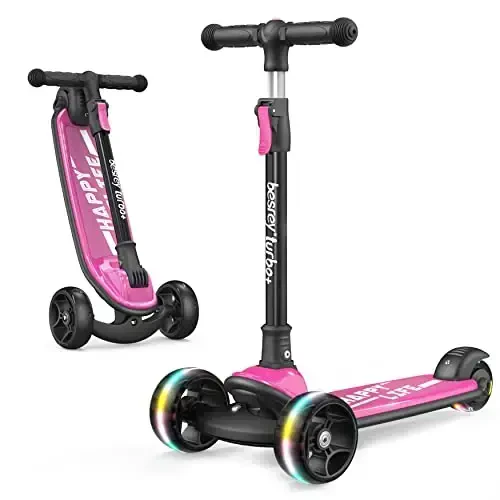 Besrey Kick Scooter for Kids Ages 3-10, 3-Wheel Folding Scooter with Adjustable Height, LED Light Wheels, Extra Wide Deck for Outdoor Activities - BESREY