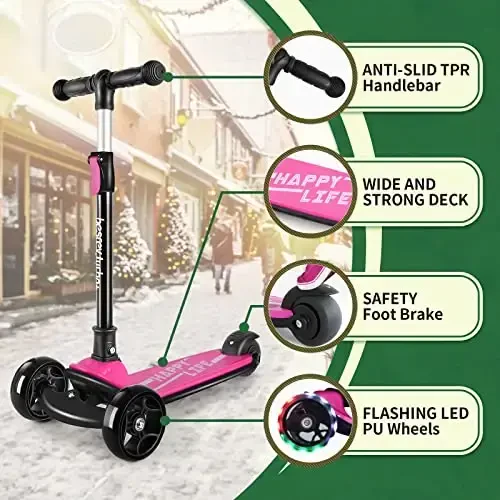 Besrey Kick Scooter for Kids Ages 3-10, 3-Wheel Folding Scooter with Adjustable Height, LED Light Wheels, Extra Wide Deck for Outdoor Activities - 3