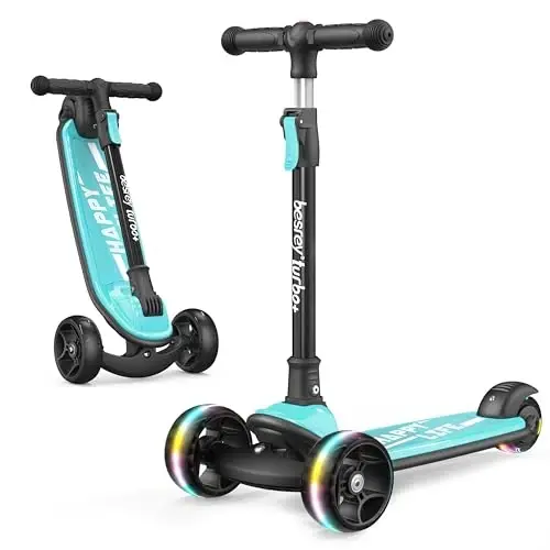 Besrey Kick Scooter for Kids Ages 3-10, 3-Wheel Folding Scooter with Adjustable Height, LED Light Wheels, Extra Wide Deck for Outdoor Activities - BESREY