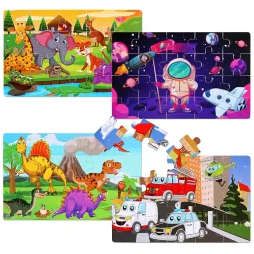 Wooden Puzzles Toys for Kids Ages 3-5, Set of 4 Packs Dinosaur, Space, Transportation Wood Toddler Puzzles, Preschool Brain Teaser Toys for Boys and Girls 2 3 4 5 6 Years Old - 2
