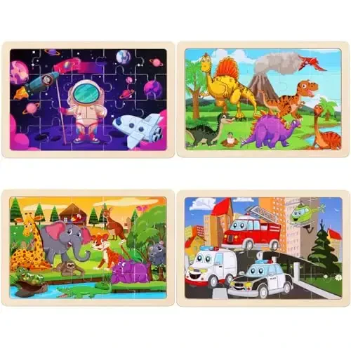 Wooden Puzzles Toys for Kids Ages 3-5, Set of 4 Packs Dinosaur, Space, Transportation Wood Toddler Puzzles, Preschool Brain Teaser Toys for Boys and Girls 2 3 4 5 6 Years Old - 3