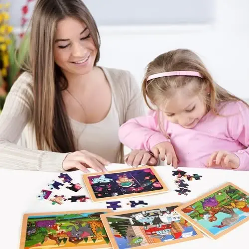 Wooden Puzzles Toys for Kids Ages 3-5, Set of 4 Packs Dinosaur, Space, Transportation Wood Toddler Puzzles, Preschool Brain Teaser Toys for Boys and Girls 2 3 4 5 6 Years Old - 5