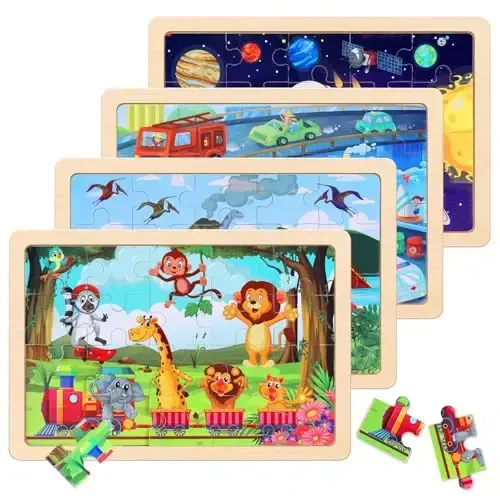Wooden Educational Jigsaw Puzzles for Preschool Kids Ages 3-5, 4-Pack with 20 Pieces Dinosaur, Space, Transportation Wood Puzzles Set, Toddler Brain Teaser Toys, Gifts for Boys Girls Ages 3 4 5 6 - WOODEN