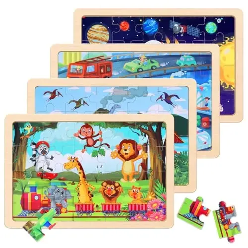 Wooden Educational Jigsaw Puzzles for Preschool Kids Ages 3-5, 4-Pack with 20 Pieces Dinosaur, Space, Transportation Wood Puzzles Set, Toddler Brain Teaser Toys, Gifts for Boys Girls Ages 3 4 5 6 - 1