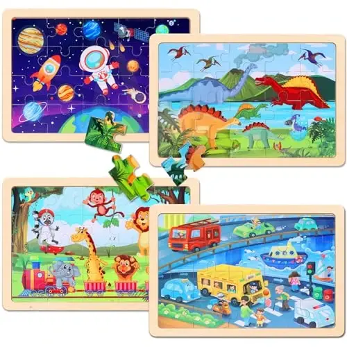 Wooden Educational Jigsaw Puzzles for Preschool Kids Ages 3-5, 4-Pack with 20 Pieces Dinosaur, Space, Transportation Wood Puzzles Set, Toddler Brain Teaser Toys, Gifts for Boys Girls Ages 3 4 5 6 - 2