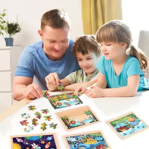 Wooden Educational Jigsaw Puzzles for Preschool Kids Ages 3-5, 4-Pack with 20 Pieces Dinosaur, Space, Transportation Wood Puzzles Set, Toddler Brain Teaser Toys, Gifts for Boys Girls Ages 3 4 5 6 - 6