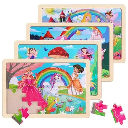 Wooden Educational Jigsaw Puzzles for Preschool Kids Ages 3-5, 4-Pack with 20 Pieces Unicorn Princess Wood Puzzles Set, Toddler Brain Teaser Toys, Preschool Gifts for Boys Girls Ages 3 4 5 6 - WOODEN