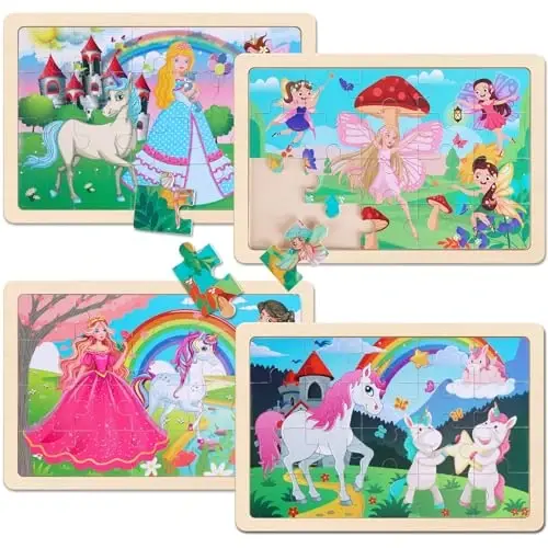 Wooden Educational Jigsaw Puzzles for Preschool Kids Ages 3-5, 4-Pack with 20 Pieces Unicorn Princess Wood Puzzles Set, Toddler Brain Teaser Toys, Preschool Gifts for Boys Girls Ages 3 4 5 6 - 2
