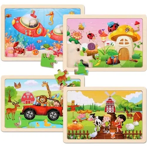 Wooden Puzzles Toys for Kids Ages 3-5, Set of 4 Packs with 20-Piece Farm, Animals Theme Wood Jigsaw Puzzles, Preschool Educational Brain Teaser Toys for Boys and Girls 3-6 Years Old. - 2
