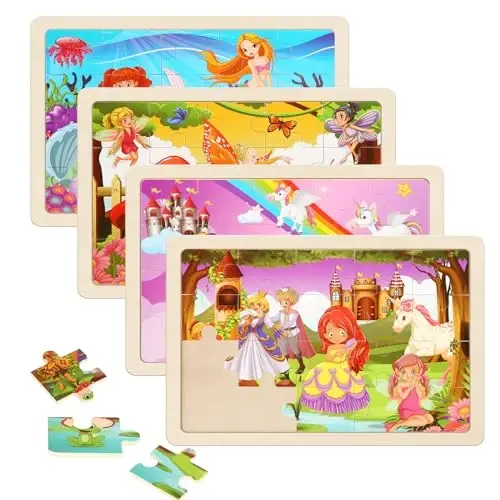 Wooden Puzzles Toys for Kids Ages 3-5, Set of 4 Packs with 20-Piece Unicorn Mermaid Princess Wood Jigsaw Puzzles, Preschool Educational Brain Teaser Toys for Girls 3 4 5 6 Years Old. - 1