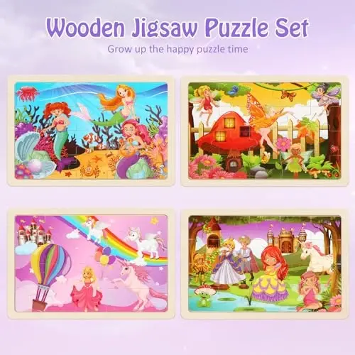 Wooden Puzzles Toys for Kids Ages 3-5, Set of 4 Packs with 20-Piece Unicorn Mermaid Princess Wood Jigsaw Puzzles, Preschool Educational Brain Teaser Toys for Girls 3 4 5 6 Years Old. - WOODEN (1)