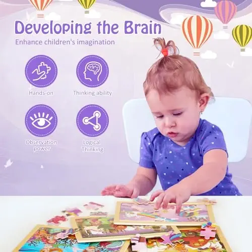 Wooden Puzzles Toys for Kids Ages 3-5, Set of 4 Packs with 20-Piece Unicorn Mermaid Princess Wood Jigsaw Puzzles, Preschool Educational Brain Teaser Toys for Girls 3 4 5 6 Years Old. - 6