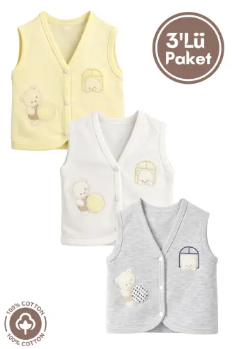 Unisex Bebek Toplu Ayıcık Nakışlı Organik Pamuklu 3-6-9 Ay 3Lü Penye Bebek Yelek Set-SARI - 3