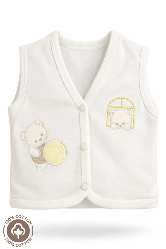 Unisex Bebek Toplu Ayıcık Nakışlı Organik Pamuklu 3-6-9 Ay 3Lü Penye Bebek Yelek Set-SARI - 6